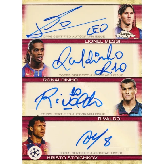 Topps Chrome UEFA Quad Autograph card – Messi, Ronaldinho, Rivaldo, Stoichkov – FC Barcelona