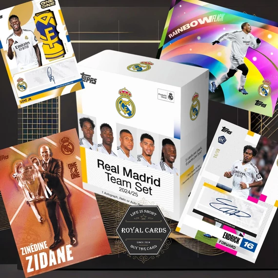 2024/25 Topps Real Madrid Team Set – Endrick, Vinícius Jr., Zidane autograph és relic kártyák egy dobozban