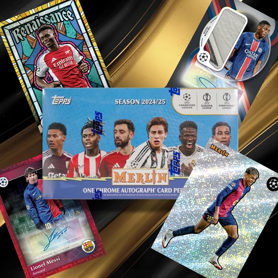 2024/25 Topps Merlin Chrome UEFA Club Competitions Box Bukayo Saka, Ousmane Dembélé, Lionel Messi és Lamine Yamal kártyákkal
